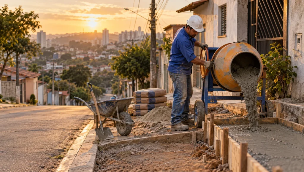 Pedreiro despejando concreto de uma betoneira em calçada, ilustrando a tabela de traço de concreto